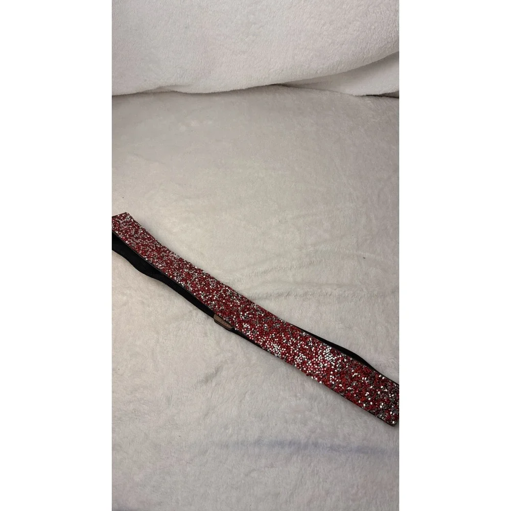 Red & Silver Rhinestone Wide Elastic Cinch Waist Belt Sparkly Crystal Stretchy